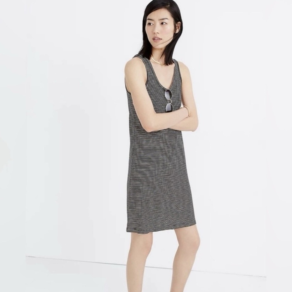 Sz S Madewell Striped Scoop neck dress black tan white longer